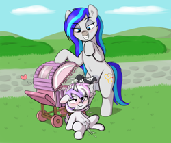 Size: 2844x2372 | Tagged: explicit, artist:heretichesh, oc, oc:glam rock, oc:hooklined, after vaginal, aftersex, anatomically correct, babycon, belly, belly button, bush, clitoris, cloud, cobblestone street, creampie, crotchboobs, cum, cum in mane, earth pony, female, filly, floating heart, foal, foalcon, futa, futa oc, futa on female, futa on filly, genitals, grin, heart, herm, high res, horsecock, imported from derpibooru, intersex, mottled genitals, nipples, nudity, penetration, penis, pony, sex, smiling, stroller, teats, unicorn, vulva