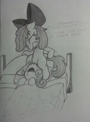 Size: 1504x2046 | Tagged: explicit, artist:lockerobster, apple bloom, sweetie belle, bed, dishevelled, earth pony, eyes closed, female, foalcon, g4, gritted teeth, horn, horn penetration, imported from derpibooru, lesbian, molestation, nudity, open mouth, penetration, personal space invasion, pony, sex, ship:sweetiebloom, shipping, sketch, sleeping, somnophilia, sweat, unicorn, vaginal secretions, vulva