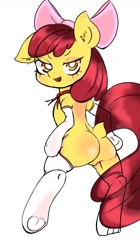 Size: 720x1290 | Tagged: explicit, artist:ei low, apple bloom, apple bloom's bow, bedroom eyes, bipedal, bloom butt, bow, butt, clothes, cute, cute little fangs, dock, earth pony, fangs, female, floppy ears, foalcon, frog (hoof), g4, hair bow, imported from derpibooru, legwear, looking at you, looking back, looking back at you, necktie, nudity, open mouth, open smile, plot, pony, smiling, smiling at you, socks, solo, solo female, thigh highs, underhoof