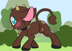 Size: 2388x1668 | Tagged: explicit, artist:steelsoul, oc, oc:bo howdy, anus, balls, bell, bell collar, blushing, bull, butt, calf, collar, cowbell, foalcon, imported from derpibooru, looking at you, looking back, looking back at you, male, nudity, open mouth, plot, presenting, rear view, solo, solo male