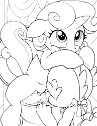 Size: 2550x3300 | Tagged: explicit, grotesque, artist:tricksta, spike, sweetie belle, clothes, dragon, female, fetish, filly, foal, foalcon, g4, high res, human vulva on pony, imported from derpibooru, maid, male, monochrome, nudity, pissing, pony, poop, pooping, scat, semi-anthro, sitting on toilet, toilet, unicorn, urine, voyeurism, vulva, watersports