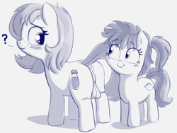 Size: 2319x1740 | Tagged: explicit, artist:heretichesh, oc, oc:fizzie, oc:lemon water, anus, backsack, balls, blush sticker, blushing, confused, duo, earth pony, female, filly, filly on filly, foal, foalcon, futa, futa filly, futa oc, imported from derpibooru, intersex, larger futa, nudity, oc only, pony, ponytail, question mark, reverse foalcon, size difference, sketch, smaller female