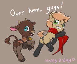 Size: 2048x1710 | Tagged: explicit, artist:multiverseequine, oc, oc:bo howdy, oc:himmel, anus, balls, bull, butt, calf, clothes, colt, derpibooru exclusive, duo, earth pony, foal, foalcon, imported from derpibooru, male, males only, nudity, plot, pony, scarf