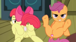 Size: 1280x720 | Tagged: explicit, artist:sasukex125, editor:angrymetal, apple bloom, scootaloo, 1000 hours in ms paint, anal creampie, anus, bedroom eyes, bloom butt, butt, creampie, cum, dock, earth pony, female, females only, filly, foal, foalcon, g4, gaping, gaping anus, grin, imported from derpibooru, looking at you, looking back, looking back at you, nudity, pegasus, plot, pony, scootabutt, smiling, spread anus