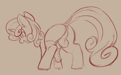 Size: 2355x1451 | Tagged: explicit, artist:yoditax, sweetie belle, dickgirl, foalcon, futa, futa sweetie belle, g4, imported from derpibooru, intersex, looking back, monochrome, pony, presenting, smiling, solo, solo futa, unicorn