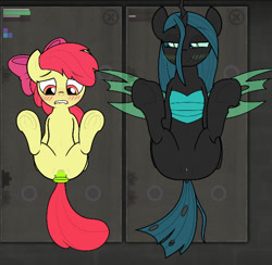 Size: 576x563 | Tagged: explicit, artist:dailevy, apple bloom, queen chrysalis, blushing, changeling, changeling queen, dildo, dock, duo, duo female, earth pony, female, filly, foal, foalcon, g4, game, green blush, hooves, imported from derpibooru, insertion, lip bite, nudity, pony, secret horse files, sex toy, underhoof, vaginal insertion, vulva