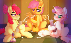 Size: 1970x1187 | Tagged: explicit, artist:dinoalpaka, apple bloom, scootaloo, sweetie belle, applebuck, balls, bow, bushy brows, casual masturbation, commission, cum, cumming, cutie mark crusaders, earth pony, female to male, foalcon, g4, gay, gender swap potion, horn, horsecock, imported from derpibooru, male, males only, masturbation, mutual masturbation, nudity, pegasus, penis, pony, potion, rule 63, scooteroll, silver bell, spread wings, thick eyebrows, unicorn, wings