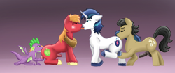 Size: 2560x1080 | Tagged: explicit, shining armor, spike, anal, analingus, analingus on male, anonymous artist, ball fondling, balls, bedroom eyes, big macintosh, big macintosh's yoke, chest fluff, commission, dark genitals, dragon, earth pony, erection, eyebrows, eyebrows visible through hair, eyes closed, filthy rich, floppy ears, foalcon, foursome, freckles, french kiss, from behind, g4, gay, gradient background, grope, group sex, horn, horse collar, horsecock, imported from derpibooru, infidelity, kissing, male, male on male analingus, medial ring, nudity, open mouth, oral, penetration, penis, pink horsecock, pony, pony on pony action, raised leg, sex, ship:shiningmac, ship:spikentosh, shipping, smiling, spread wings, stallion, stallion on stallion, tongue out, unicorn, unshorn fetlocks, wings