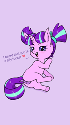 Size: 1080x1920 | Tagged: explicit, artist:howl echoes, starlight glimmer, anatomically correct, anus, butt, clitoris, dock, female, filly, filly starlight glimmer, foal, foalcon, g4, heart, hooves, horn, imported from derpibooru, looking at you, lying down, nudity, on side, open mouth, open smile, plot, ponut, pony, simple background, smiling, smug, solo, solo female, tail, teasing, text, unicorn, vulgar, vulva, younger