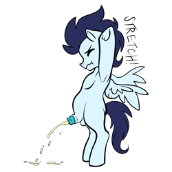 Size: 1000x1000 | Tagged: explicit, artist:vodkamewtwoni, balls, colt, flaccid, foal, foalcon, g4, imported from derpibooru, male, nudity, peeing on the floor, pegasus, penis, pissing, pony, simple background, small penis, soarin', solo, spread wings, stretching, transparent background, urine, wings