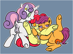 Size: 1102x826 | Tagged: explicit, artist:vodkamewtwoni, apple bloom, scootaloo, sweetie belle, alternate universe, alternate version, anus, butt, cum, cutie mark crusaders, cutie mark fundraiser au, dark genitals, ear piercing, earth pony, female, filly, foal, foalcon, g4, genitals, imported from derpibooru, leaking cum, looking at you, looking back, looking back at you, nudity, pegasus, piercing, plot, ponut, pony, spread pussy, unicorn, vagina, vulva
