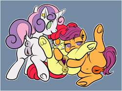 Size: 1102x826 | Tagged: explicit, artist:vodkamewtwoni, apple bloom, scootaloo, sweetie belle, alternate universe, anus, butt, cutie mark crusaders, cutie mark fundraiser au, dark genitals, ear piercing, earth pony, female, filly, foal, foalcon, g4, genitals, imported from derpibooru, looking at you, looking back, looking back at you, nudity, pegasus, piercing, plot, ponut, pony, spread pussy, unicorn, vagina, vulva