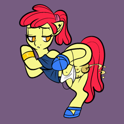 Size: 1000x1000 | Tagged: explicit, artist:vodkamewtwoni, apple bloom, alternate version, bracelet, clothes, crotchboobs, ear piercing, earring, earth pony, edit, female, filly, foal, foalcon, g4, imported from derpibooru, jewelry, lidded eyes, lifted leg, looking back, nipples, nudity, piercing, pissing, pony, shoes, solo, solo female, teats, urine, vulva, white panties