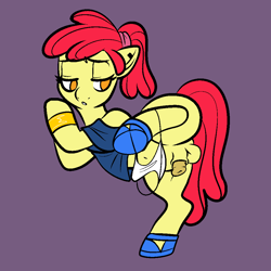 Size: 1000x1000 | Tagged: explicit, artist:vodkamewtwoni, apple bloom, alternate version, bracelet, clothes, ear piercing, earring, earth pony, flaccid, foalcon, futa, futa apple bloom, g4, imported from derpibooru, intersex, jewelry, lidded eyes, lifted leg, looking back, nudity, penis, piercing, pony, shoes, solo, white panties