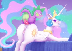 Size: 1054x758 | Tagged: explicit, artist:moetempura, princess celestia, spike, age difference, alicorn, anal, anatomically correct, anus, baby, baby dragon, baby dragon on mare, bed, big penis, blushing, breath, butt, clitoris, crown, doggy style, dragon, dragon on pony action, ethereal hair, ethereal mane, ethereal tail, female, foalcon, from behind, g4, heart eyes, imported from derpibooru, interspecies, jewelry, larger female, looking at each other, looking back, male, mare, nudity, one eye closed, open mouth, penetration, penis, plot, ponut, pony, regalia, sex, ship:spikelestia, shipping, size difference, smaller male, straight, sunbutt, tiara, tongue out, vaginal secretions, vulva, vulvar winking, wingding eyes