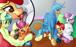 Size: 8050x5000 | Tagged: explicit, artist:emilywulfstudios, apple bloom, scootaloo, sweetie belle, clitoral stimulation, clitoris, cunnilingus, cutie mark crusaders, earth pony, female, filly, foal, foalcon, g4, gallus, griffon, griffon x pony, group sex, heart eyes, imported from derpibooru, insertion, interspecies, lesbian, licking, licking cock, male, nudity, oral, orgy, paw pads, pegasus, penetration, penis, pony, sandbar, sex, ship:gallbloom, ship:sandloo, ship:sweetiebloom, shipping, straight, tongue out, unicorn, vaginal, vaginal secretions, vulva, wingding eyes