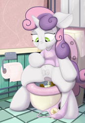 Size: 1484x2160 | Tagged: explicit, artist:not_texmex, sweetie belle, alternate version, anatomically correct, bathroom, belly button, but why, clothes, crotchboobs, dark genitals, derpibooru exclusive, estrus, female, fetish, foalcon, g4, imported from derpibooru, nipples, nudity, panties, panties around leg, pink underwear, pissing, pony, poop, pooping, sanitary pad, scat, shirt, sitting, sitting on toilet, solo, solo female, t-shirt, teats, toilet, toilet paper roll, underwear, urine, vaginal secretion stain, vaginal secretions, vulva, watersports