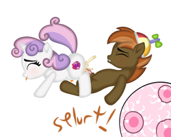 Size: 1100x880 | Tagged: explicit, artist:catinheat, button mash, sweetie belle, an egg being attacked by sperm, colt, creampie, cum, cumming, egg cell, female, filly, foal, foalcon, g4, happy sex, imported from derpibooru, impregnation, male, penetration, pony, sex, ship:sweetiemash, shipping, spermatozoon, straight, this will end in pregnancy, this will end in triplets, vaginal