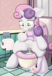 Size: 1484x2160 | Tagged: explicit, artist:not_texmex, sweetie belle, alternate version, anatomically correct, bathroom, belly button, but why, clothes, crotchboobs, dark genitals, derpibooru exclusive, estrus, female, fetish, foalcon, g4, imported from derpibooru, nipples, nudity, panties, panties around leg, pink underwear, pissing, pony, sanitary pad, shirt, sitting, sitting on toilet, solo, solo female, t-shirt, teats, toilet, toilet paper roll, underwear, urine, vaginal secretion stain, vaginal secretions, vulva, watersports