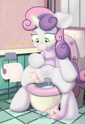 Size: 1484x2160 | Tagged: explicit, artist:not_texmex, sweetie belle, anatomically correct, bathroom, belly button, but why, clothes, crotchboobs, dark genitals, derpibooru exclusive, dialogue, estrus, female, foalcon, g4, imported from derpibooru, nipples, nudity, panties, panties around leg, pink underwear, pony, sanitary pad, shirt, sitting, sitting on toilet, solo, solo female, t-shirt, teats, toilet, toilet paper, toilet paper roll, underwear, vaginal secretion stain, vaginal secretions, vulva, wiping