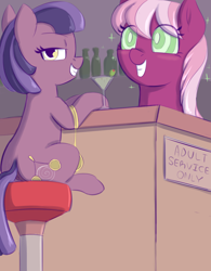Size: 1860x2388 | Tagged: questionable, artist:heretichesh, oc, oc:sleepy swirl, alcohol, anus, bar, cherry blossom (g4), detailed background, earth pony, female, filly, foal, foalcon, friendship is magic #29, g4, hypnosis, hypnotized, idw, imported from derpibooru, mare, my little pony: friendship is magic (idw), nudity, pocket watch, pony, sitting, stool, underaged drinking