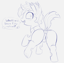 Size: 730x722 | Tagged: explicit, artist:heretichesh, oc, oc:fruitcake, anus, butt, changeling, female, filly, foal, foalcon, imported from derpibooru, looking at you, looking back, looking back at you, nudity, offscreen character, plot, presenting, raised leg, raised tail, sketch, solo focus, speech bubble, tail, vagina
