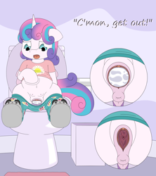 Size: 4000x4500 | Tagged: explicit, artist:pvryohei, princess flurry heart, alicorn, anus, clothes, commission, crotchboobs, dialogue, egg, egg laying, foal, foalcon, g4, imported from derpibooru, nipples, nudity, oviposition, pony, sitting, sitting on toilet, toilet, vagina, vaginal secretions, vulva