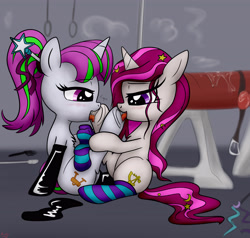 Size: 4000x3800 | Tagged: explicit, artist:littlenaughtypony, oc, oc:zew, oc:zippi, ballgag, bdsm, blushing, clothes, drool, drool string, female, fetish, filly, foal, foalcon, frog (hoof), gag, hoof fetish, hoof licking, imported from derpibooru, latex, latex socks, licking, oc only, pony, salivating, socks, striped socks, tongue out, underhoof, unicorn, vaginal secretions
