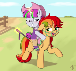 Size: 2500x2308 | Tagged: explicit, artist:heretichesh, oc, oc:maple, oc:zippi, age difference, bdsm, blushing, boots, bridle, cowboy boots, cowboy hat, female, filly, filly on mare, foal, foalcon, foaldom, glowing horn, grin, hat, high res, horn, imported from derpibooru, incest, insertion, lesbian, magic, mare, mother and child, mother and daughter, open mouth, pegasus, ponies riding ponies, pony, riding, riding crop, saddle, shoes, smiling, sweat, tack, telekinesis, unicorn, vaginal insertion, vaginal secretions
