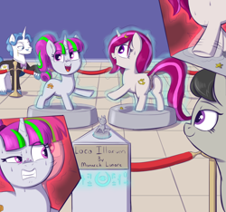 Size: 1852x1730 | Tagged: explicit, artist:heretichesh, oc, oc:zew, oc:zippi, alternate version, anus, body control, bondage, dock, dubious consent, earth pony, exposition, fancypants, female, figurine, filly, foal, foalcon, forced smile, g4, gritted teeth, imported from derpibooru, magic, magic aura, magical bondage, modern art, nudity, octavia melody, open mouth, platform, ponut, pony, raised hoof, smiling, stasis, struggling, sweat, sweatdrops, transfixed, trapped, unicorn, voodoo, voodoo doll, vulva
