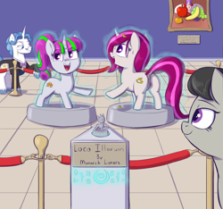 Size: 1852x1730 | Tagged: explicit, artist:heretichesh, oc, oc:zew, oc:zippi, anus, body control, bondage, butt, dock, exposition, fancypants, female, figurine, filly, foal, foalcon, forced smile, g4, imported from derpibooru, living statue, magic, magic aura, magical bondage, male, modern art, nudity, octavia melody, open mouth, platform, plot, ponut, pony, raised hoof, smiling, stallion, stasis, sweat, sweatdrops, transfixed, trapped, unicorn, voodoo doll, vulva