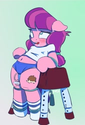 Size: 1587x2331 | Tagged: explicit, artist:drafthoof, ahegao, belly button, blushing, bondage, clothes, drool, earth pony, female, floppy ears, foalcon, g4, heart eyes, imported from derpibooru, jump rope, lily longsocks, midriff, open mouth, pommel horse, pony, prolonged stimulation, rope bondage, sex toy, shirt, socks, solo, solo female, sports panties, tape, vibrator, wingding eyes