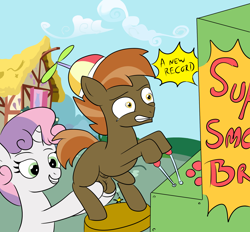 Size: 2000x1853 | Tagged: explicit, artist:buttsaucer, artist:nuttyhoof, button mash, sweetie belle, arcade cabinet, arcade game, ball busting, balls, cbt, crying, earth pony, foalcon, g4, grabbing balls, grimace, grin, hat, imported from derpibooru, nudity, pain, pain star, playing video games, pony, propeller hat, sheath, sheathed, smiling, squeezing, stool, tears of pain, unicorn