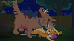 Size: 8000x4500 | Tagged: explicit, artist:metalhead97, aftersex, all fours, anus, balls, bestiality, canine penis, canine sex, clitoral hood, clitoris, collar, commission, cum, dog, dragon, drool, erection, eyes closed, facial, female, femsub, foalcon, from behind, g4, imported from derpibooru, interspecies, licking, male, multiple heads, night, nudity, open mouth, oral, orgasm, orthros, penetration, penis, salivating, sex, show accurate, show accurate porn, smolder, smolthros, straight, submissive, tongue out, two heads, vaginal, vaginal secretions, vein, veiny cock