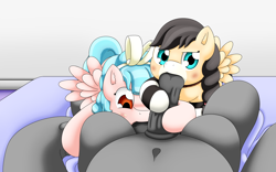 Size: 4000x2500 | Tagged: explicit, artist:pvryohei, oc, oc:aerial ace, oc:honey peach, age difference, ball sucking, balls, balls fetish, bed, big dom small sub, blowjob, canon x oc, cock worship, commission, cozy glow, daughter, double blowjob, father, father and child, father and daughter, female, fetish, filly, filly on stallion, foal, foalcon, g4, imported from derpibooru, incest, male, multiple blowjob, nudity, oc x oc, offscreen character, oral, pegasus, penis, pony, pov, sex, shipping, stallion, stallion on filly, straight, trio, two toned mane, two toned tail