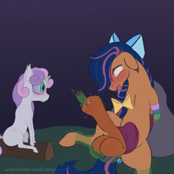 Size: 800x800 | Tagged: explicit, artist:stoopedhooy, sweetie belle, oc, oc:solar comet, ahegao, ball fondling, balls, bdsm, big balls, big penis, clothes, disguise, disguised changedling, drool, dubious consent, duo, eyelashes, female, female on male, femdom, feminine stallion, flared, foalcon, g4, girly, grope, horsecock, imported from derpibooru, insertion, legwear, magic abuse, male, night, nudity, open mouth, orgasm denial, pegasus, penis, penis inspection day, pony, rapeface, size difference, small dom big sub, sounding, spread legs, spreading, stockings, straight, thigh highs, tongue out, trap, unicorn, urethral insertion, vaginal secretions