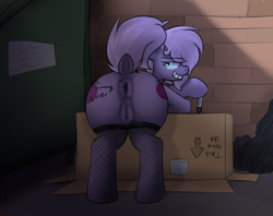 Size: 1365x1079 | Tagged: explicit, artist:sliderspoint, oc, oc:purple plum, alley, ambiguous race, anus, both cutie marks, butt, dock, female, filly, foal, foalcon, human anus on pony, imported from derpibooru, large butt, lip piercing, looking back, nudity, oc only, piercing, pony, prostitution, raised tail, solo, solo female, tail, teenager, vulva