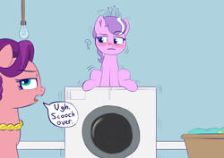 Size: 2190x1550 | Tagged: explicit, artist:heretichesh, diamond tiara, blushing, confused, earth pony, female, filly, foal, foalcon, g4, imported from derpibooru, laundry, mare, masturbation, mother and child, mother and daughter, part of a set, pony, sitting, spoiled rich, unconventional vibrator, vaginal secretions, washing machine