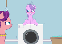 Size: 2190x1550 | Tagged: explicit, artist:heretichesh, diamond tiara, blushing, caught, earth pony, female, filly, foal, foalcon, g4, imported from derpibooru, laundry, mare, masturbation, mother and child, mother and daughter, part of a set, pony, sitting, spoiled rich, unconventional vibrator, vaginal secretions, washing machine