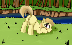 Size: 1897x1198 | Tagged: explicit, artist:cutelewds, anus, ass up, blushing, clitoris, crotchboobs, dock, earth pony, face down ass up, foalcon, g4, imported from derpibooru, looking back, nipples, noi, nudity, open mouth, outdoors, pony, presenting, river, tail, tail trail, vaginal secretions, vaginal secretions trail, vulva, vulvar winking