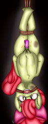 Size: 1166x3000 | Tagged: explicit, semi-grimdark, artist:ponykittenboi, apple bloom, arm behind back, ballgag, belly button, bondage, bow, bruised, clitoris, crotchboobs, crying, derpibooru exclusive, drool, earth pony, foalcon, g4, gag, hung upside down, imminent rape, imminent sex, imported from derpibooru, nipples, nudity, pony, rope, rope bondage, scared, sex toy, sexual torture, solo, teary eyes, tied up, upside down, vaginal secretions, vibrator, younger