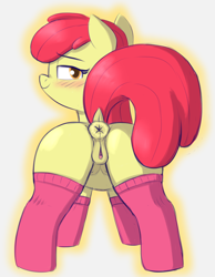 Size: 1108x1430 | Tagged: explicit, artist:heretichesh, apple bloom, anus, bloom butt, blushing, butt, clitoris, clothes, crotchboobs, earth pony, female, filly, foal, foalcon, g4, imported from derpibooru, looking at you, looking back, looking back at you, nipples, nudity, plot, pony, presenting, raised tail, socks, solo, solo female, tail, the ass was fat, vulva, vulvar winking, wide hips