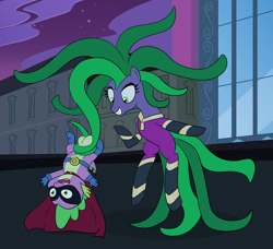 Size: 1882x1714 | Tagged: explicit, semi-grimdark, artist:buttsaucer, artist:nuttyhoof, spike, ball busting, balls, cape, cbt, clothes, dragon, female, foalcon, g4, grabbing balls, grin, humdrum costume, imported from derpibooru, male, mane-iac, mare, mask, nudity, power ponies, smiling, spandex, superhero costume, supervillain, tentacle hair, tentacle porn, tentacles, tentacles on male