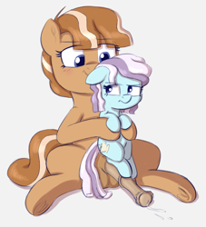 Size: 1612x1778 | Tagged: explicit, artist:heretichesh, oc, oc:cold brew, oc:espresso shot, blushing, earth pony, female, filly, foal, foalcon, futa, futa oc, grumpy, happy, holding a pony, imminent sex, imported from derpibooru, incest, intersex, mare, pony, siblings, sisters, sitting