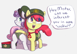 Size: 1953x1376 | Tagged: questionable, artist:heretichesh, apple bloom, sweetie belle, blushing, box, butt touch, cameltoe, clothes, cookie, dialogue, earth pony, female, filly, filly guides, foal, foalcon, food, g4, hat, hoof on butt, imported from derpibooru, panties, pony, presenting, prostitution, ribbon, smiling, text, underwear, unicorn