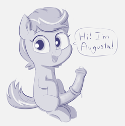 Size: 1326x1335 | Tagged: explicit, artist:heretichesh, oc, oc:augusta, balls, colt, dialogue, earth pony, foal, foalcon, happy, imported from derpibooru, looking at you, male, nudity, oc only, penis, pony, precum, solo, solo male, text