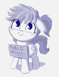 Size: 840x1100 | Tagged: questionable, artist:heretichesh, oc, oc:lemon water, blushing, earth pony, female, filly, foal, foalcon, hairband, happy, implied watersports, imported from derpibooru, looking at you, oc only, pony, ponytail, sign, solo, solo female, text