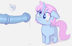 Size: 1018x650 | Tagged: explicit, artist:heretichesh, oc, oc:lil blue, age difference, blushing, cute, derp, female, female focus, filfil, filly, foal, foalcon, happy, horsecock, imported from derpibooru, male, nudity, oblivious, oc only, penis, pony, precum, solo focus, stallion, stallion on filly, straight, unicorn