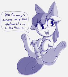 Size: 1905x2166 | Tagged: explicit, artist:heretichesh, apple bloom, apple bloom's bow, balls, bow, crotchboobs, dialogue, earth pony, female, filly, foal, foalcon, frog (hoof), futa, futa apple bloom, futa filly, g4, hair bow, imported from derpibooru, intersex, nipples, nudity, penis, pony, sitting, solo, text, underhoof