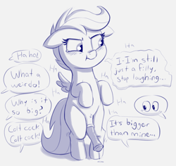 Size: 1244x1172 | Tagged: explicit, artist:heretichesh, scootaloo, :t, balls, bipedal, blushing, bully, bullying, dialogue, embarrassed, exposed, feathered wings, female, filly, foal, foalcon, futa, futa filly, futa scootaloo, g4, imported from derpibooru, intersex, nudity, pegasus, penis, pony, spread wings, teary eyes, teasing, text, wingboner, wings